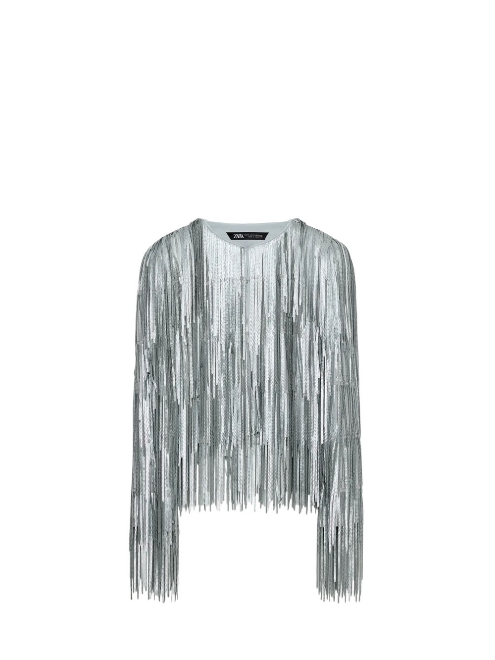 Zara Metallic Silver Fringe Long-Sleeve Top